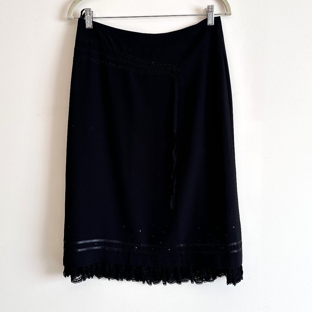 Black Midi Skirt with Lace Trim Detail